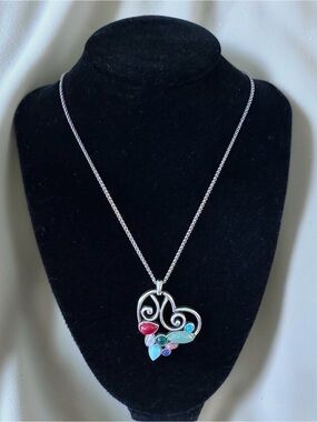 Brighton Silver Heart Pendant Necklace with Multicolor Stones With Dust Bag